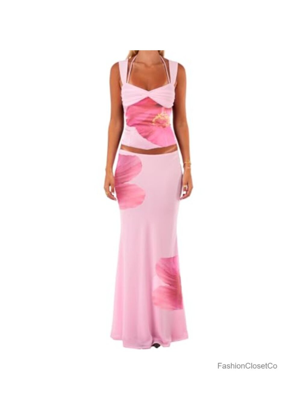 Women Two Piece Maxi Skirt Set Floral Print Cami Top Pencil Long Skirt Beach